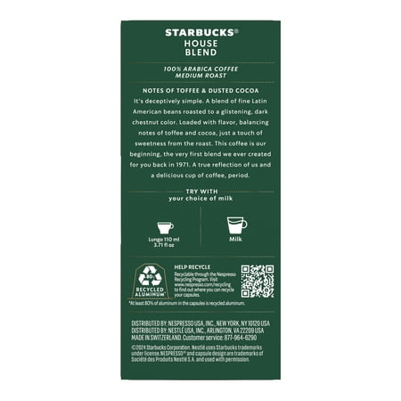 STARBUCKS AT HOME STARBUCKS BY NESPRESSO ORIGINAL LINE, HOUSE BLEND, MEDIUM ROAST NESPRESSO PODS, 10 COUNT