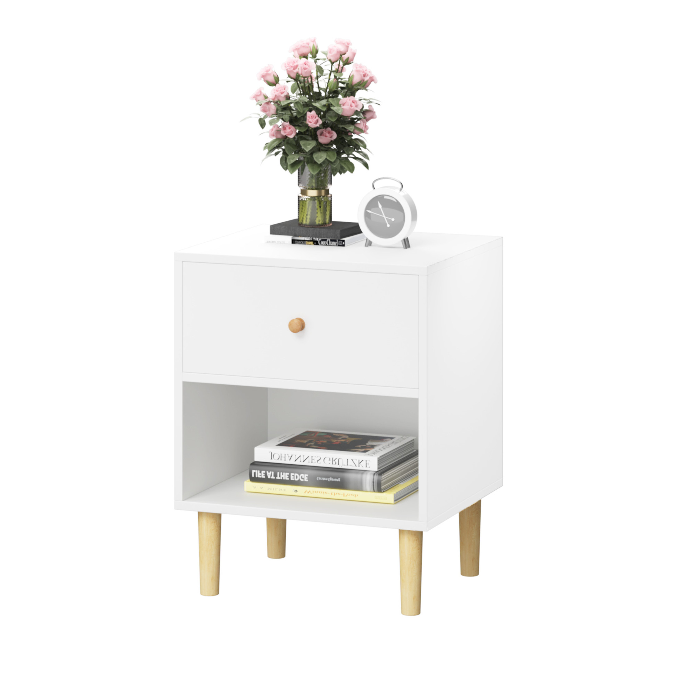 Noble House Kael 23.2" Wooden Nightstand with Drawer and Shelf, Modern Bedside Table, MDF with Pine Legs, White