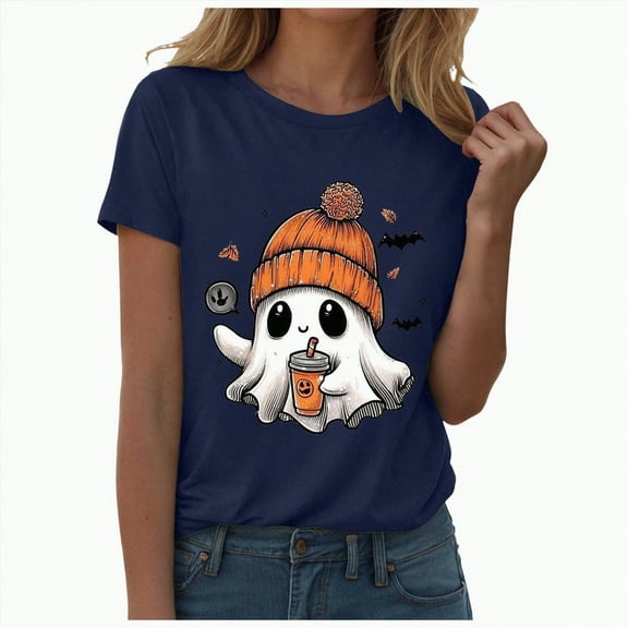 HCNTES Halloween Shirts for Women Halloween Ghost T-Shirts Pumpkin Graphic Shirt Spooky Season Short Sleeve Tops(M,A511-Navy)
