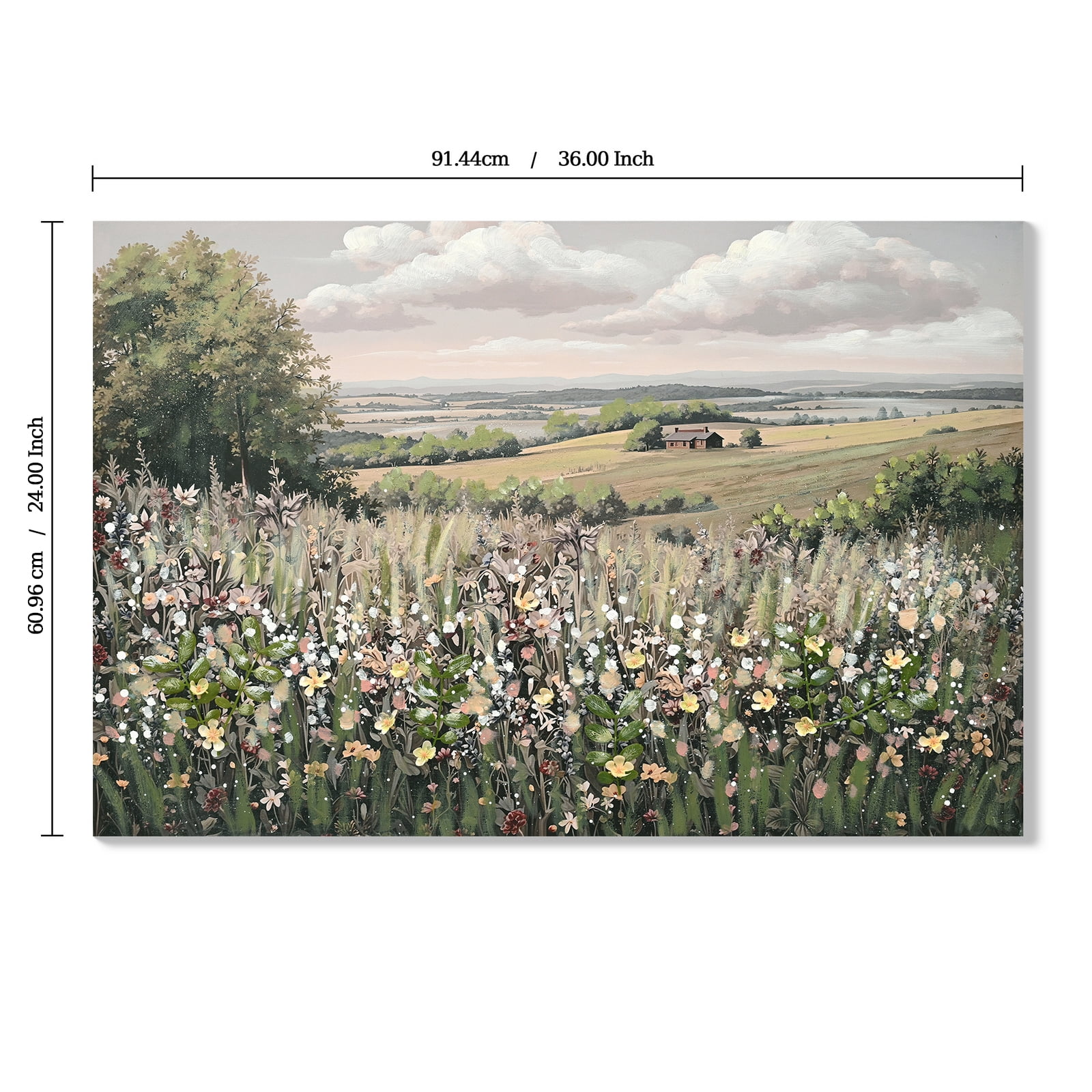 Euroco Vintage Landscape Wall Art, Framed Canvas Meadow with Flowers Art,Classical Wilderness Painting Hallway Decor,Painting Bedroom Bathroom Office, 24"x36"