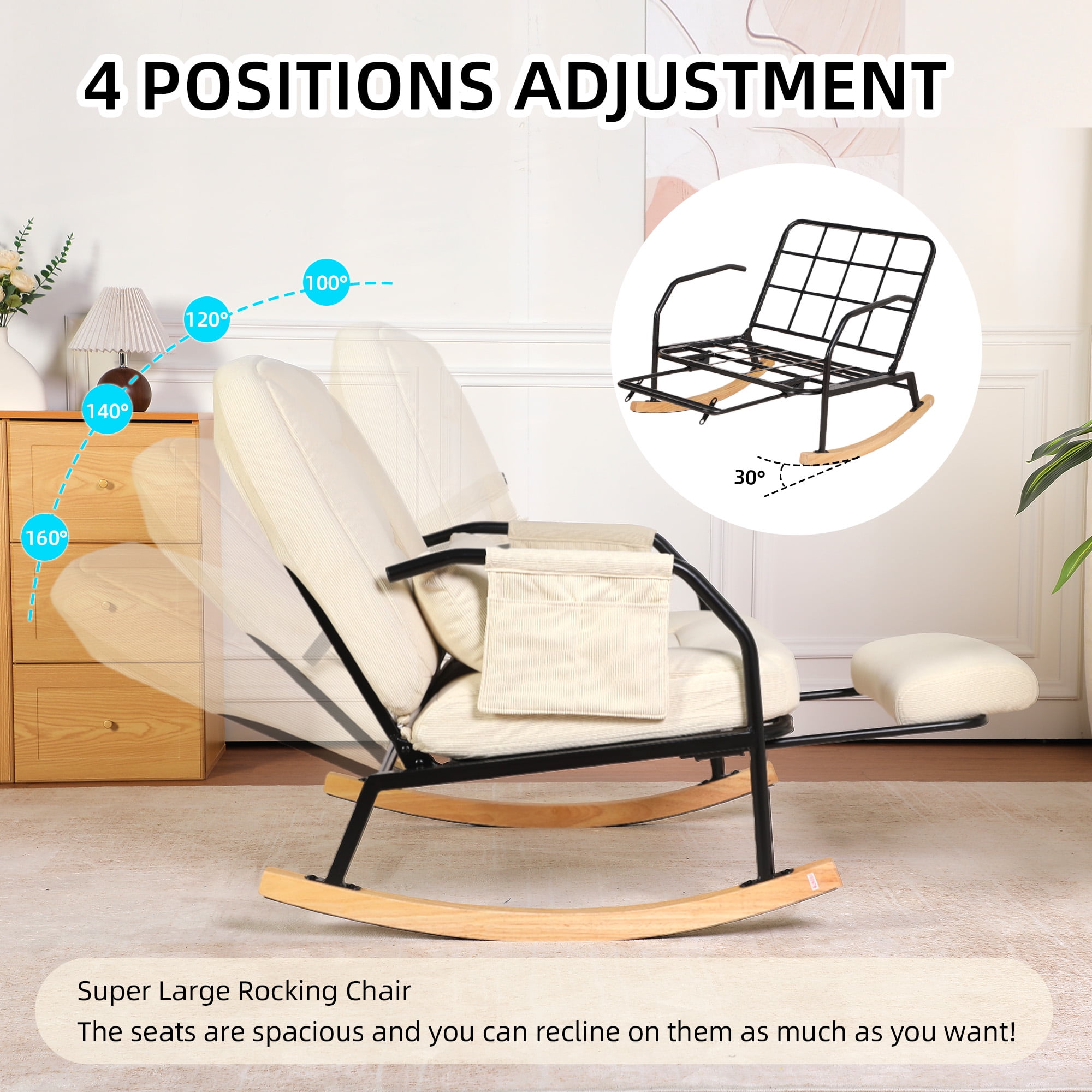 Hforesty Oversized Rocking Chair with Footrest ,Rocker Glider with Metal Farm,Wooden Bottom and Adjustable Backrest for Indoor Use: Balcony, Living Room or Bedroom.(corduroy)BEIGE