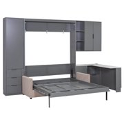Modern Queen Size Solid Wood Murphy Wall Bed, Foldable Cabinet Bed in Dark Gray