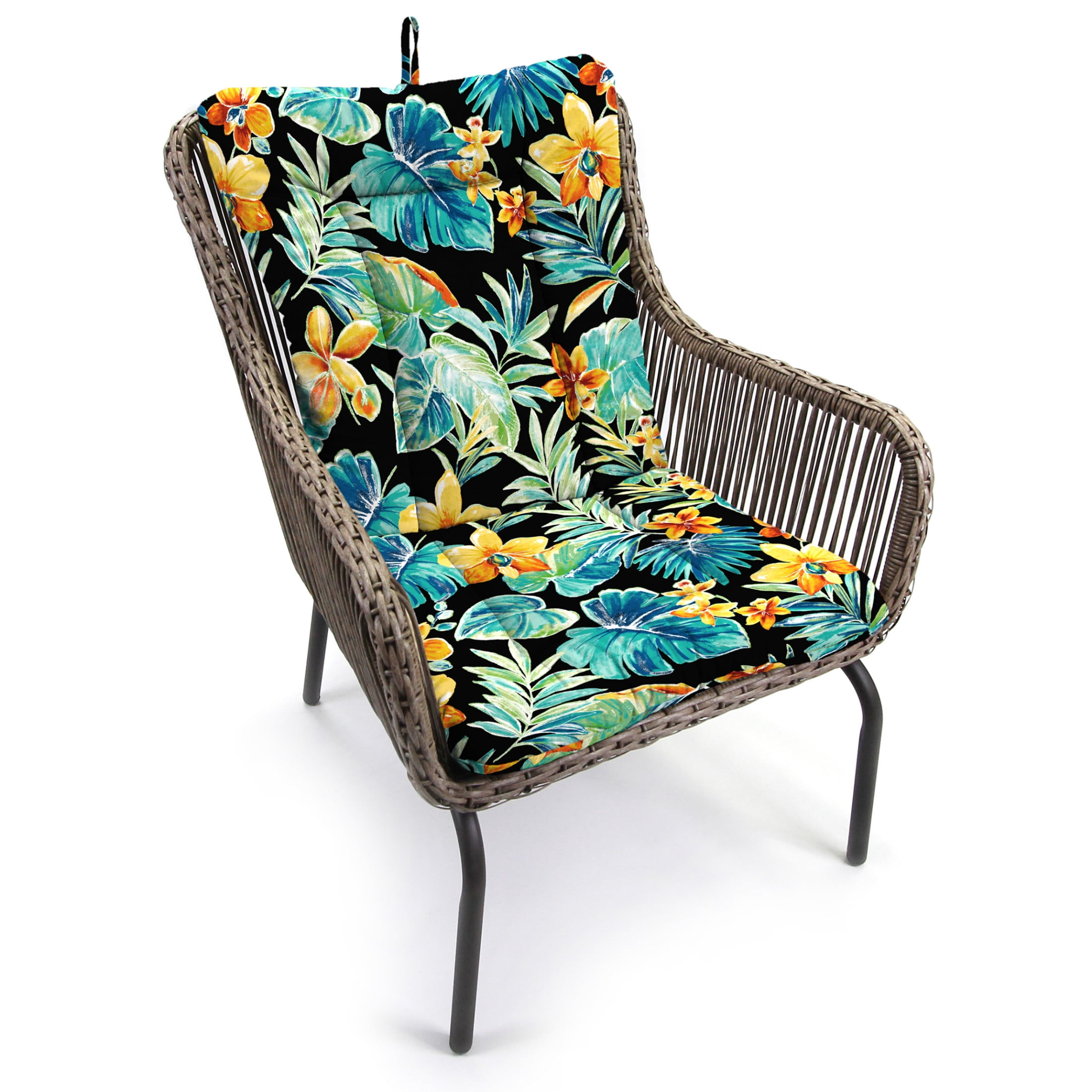 Jordan Manufacturing 38" x 21" Beachcrest Caviar Black Floral Rectangular Outdoor Wrought Iron Chair Cushion with Ties and Hanger Loop