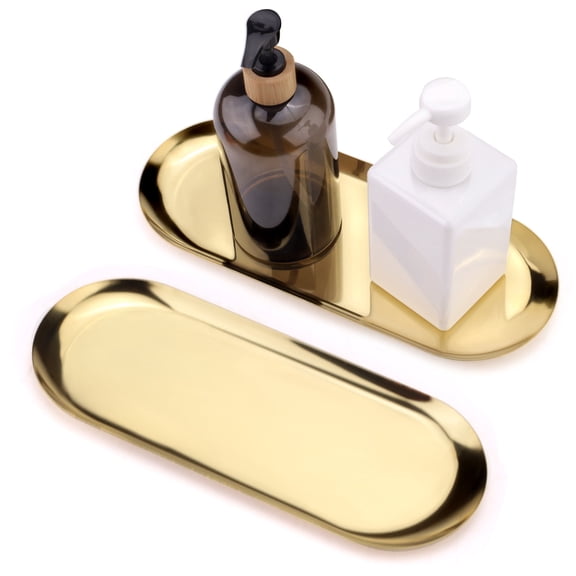 2 Pieces Stainless Steel Decorative Tray for Counter, 11.7" x 4.7" Gold Oval Bathroom Vanity Tray, Metal Jewelry Perfume Plate for Dresser Soap Dispenser Serving Toilet Top Organizer Decor