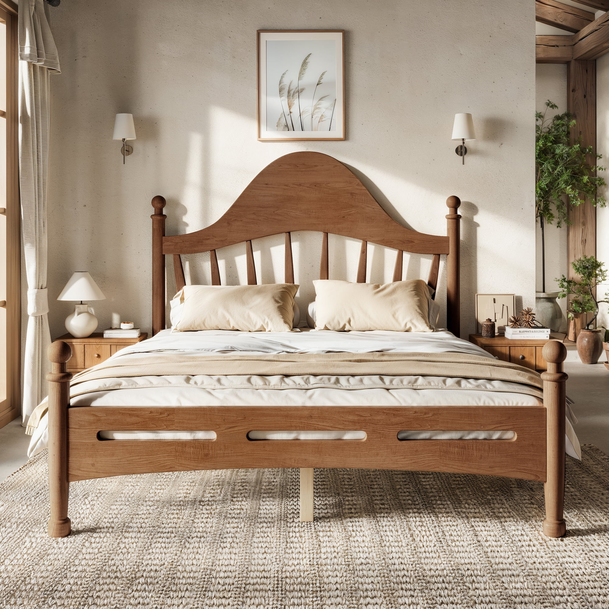 Leumius Full Size Platform Bed with Chic Headboard, Solid Wood Bed Frame with Slatted Support, Low to Ground Design for Bedroom Brown