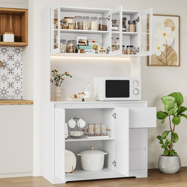 Homfa 70.9'' Kitchen Pantry Cabinet with Charging Station and LED Light, 3 Drawers Buffet Storage Cabinet with Glass Doors and Adjustable Shelves, White Homfa 70.9'' Kitchen Pantry Cabinet with Charging Station and LED Light, 3 Drawers Buffet Storage Cabinet with Glass Doors and Adjustable Shelves, White - Image 7