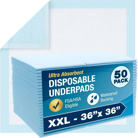 DMI XXL 36" x 36", 50 Count, Ultra Absorbant Bed Pads - Incontinence, Bed, Pet, Waterproof, FSA/HSA
