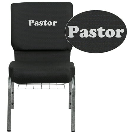 Flash Furniture Personalized HERCULES Series 18.5''W Church Chair in Black Patterned Fabric with Cup Book Rack - Silver Vein Frame