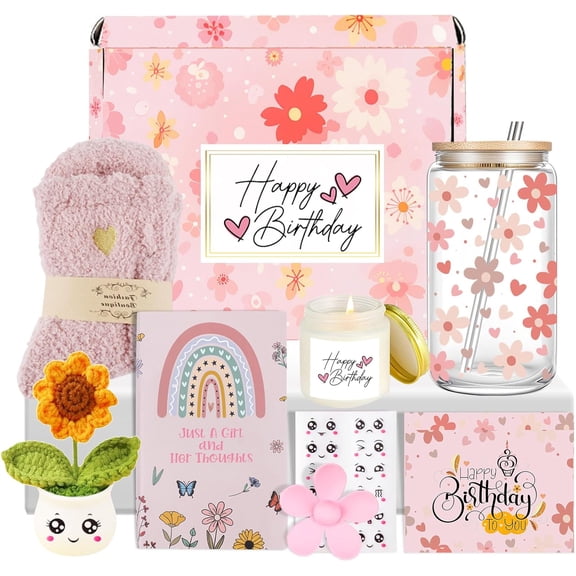 Birthday Gift Baskets for Women Birthday Happy Gift Set Box for Woman Her Teen Girl Sister Best Friend Cute Daisy Aesthetic Glass Cups Gift Set