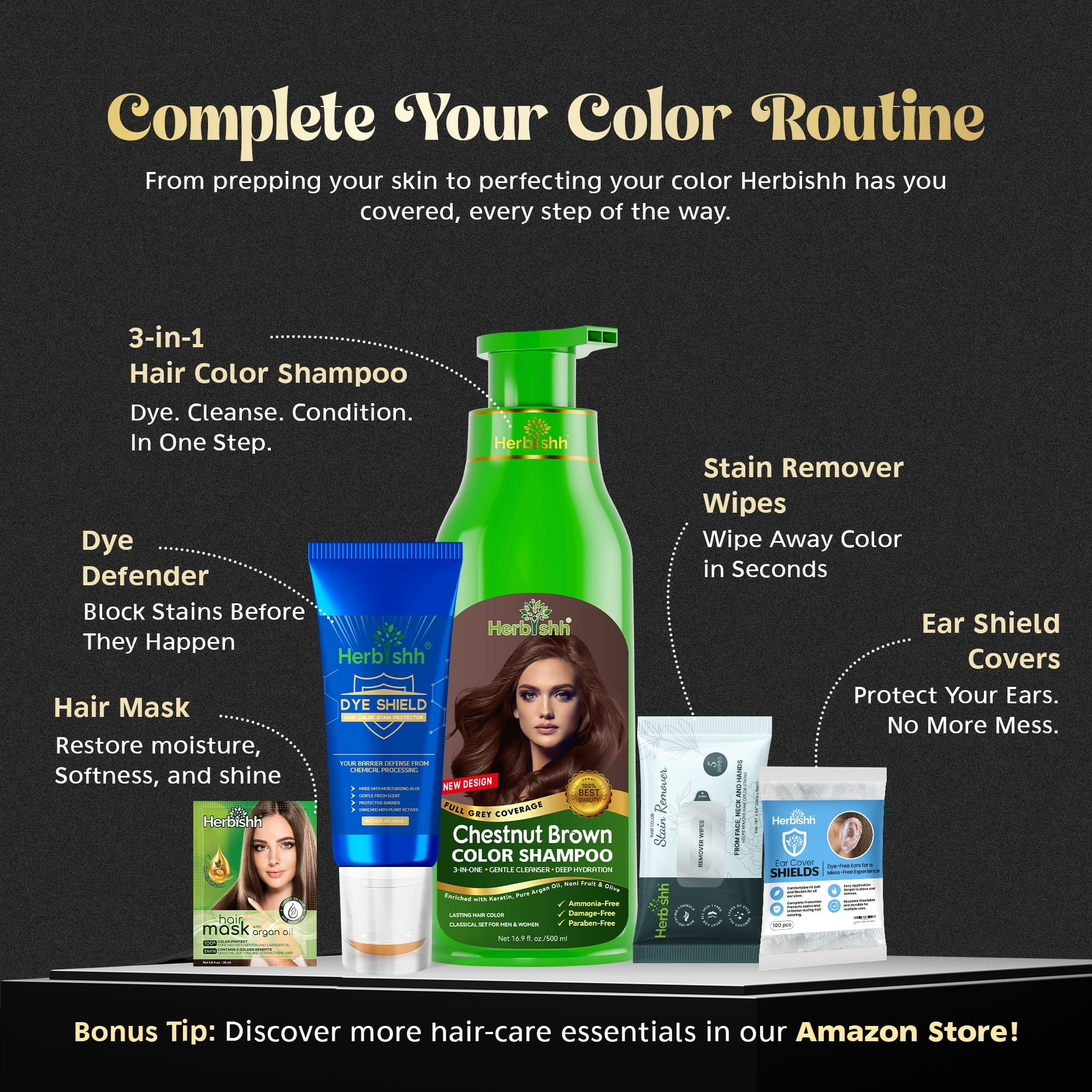 Herbishh Chestnut Brown Hair Color Shampoo for Gray Hair with Pack 2 Hair colour stain remover, Hair Dye Shampoo 3 in 1, 100% Gray Coverage, Permanent Hair Color for Men & Women, Ammonia-free, 500 ml