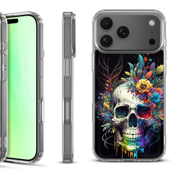 For iPhone 17 Pro Shockproof Protective Phone Case, by OneToughShield - Skull Flower