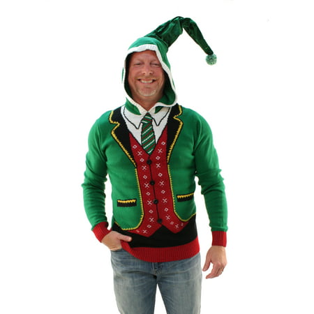 Ugly Christmas Sweater Men's Head Elf Boss Suit Hooded Pullover (Best Place To Get Ugly Christmas Sweaters)