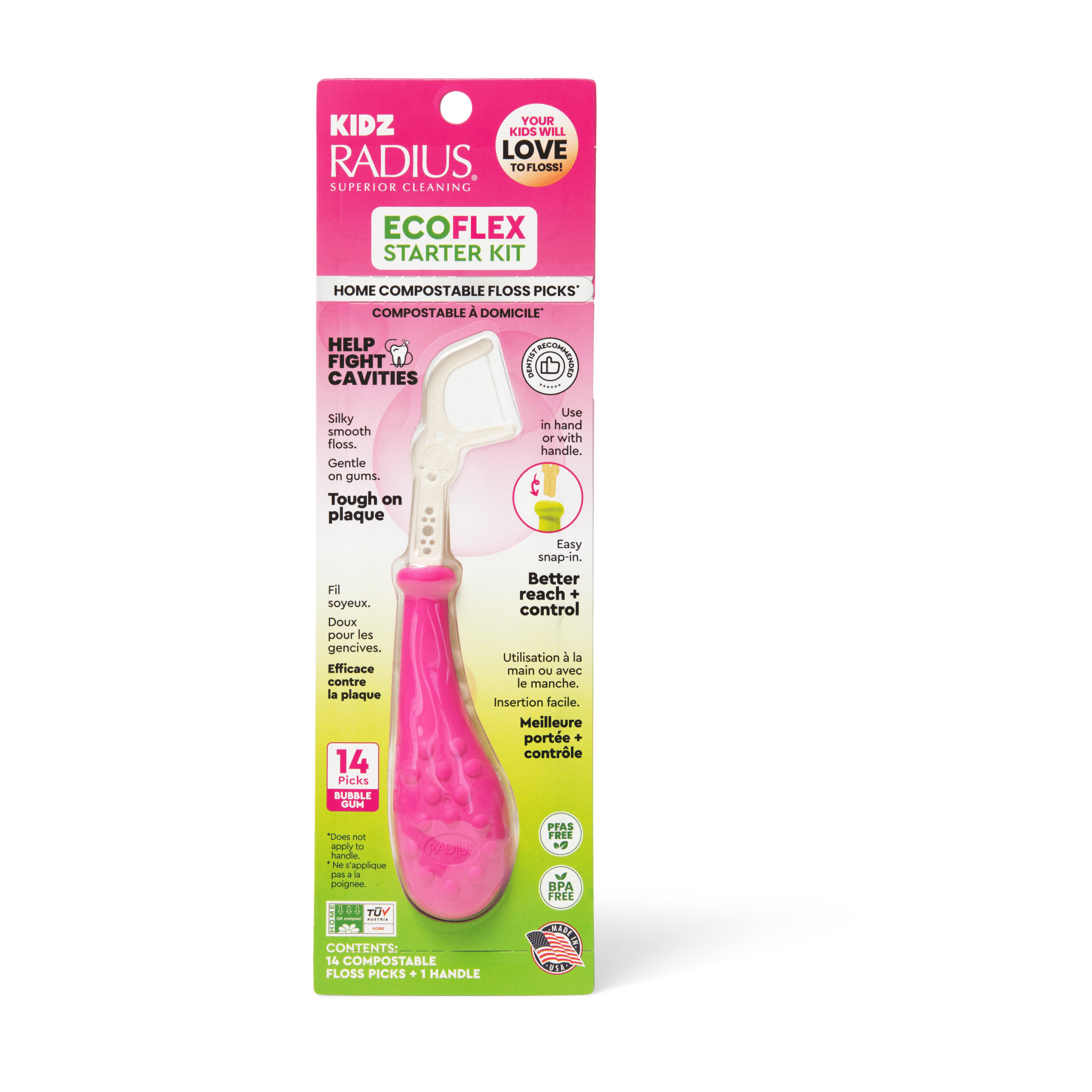 RADIUS Bubblegum EcoFlex Kidz Floss Picks Starter Kit, 14ct Compostable Floss Picks and Reuseable Handle for Kids Oral Care, Non Toxic Tooth & Gum Protection