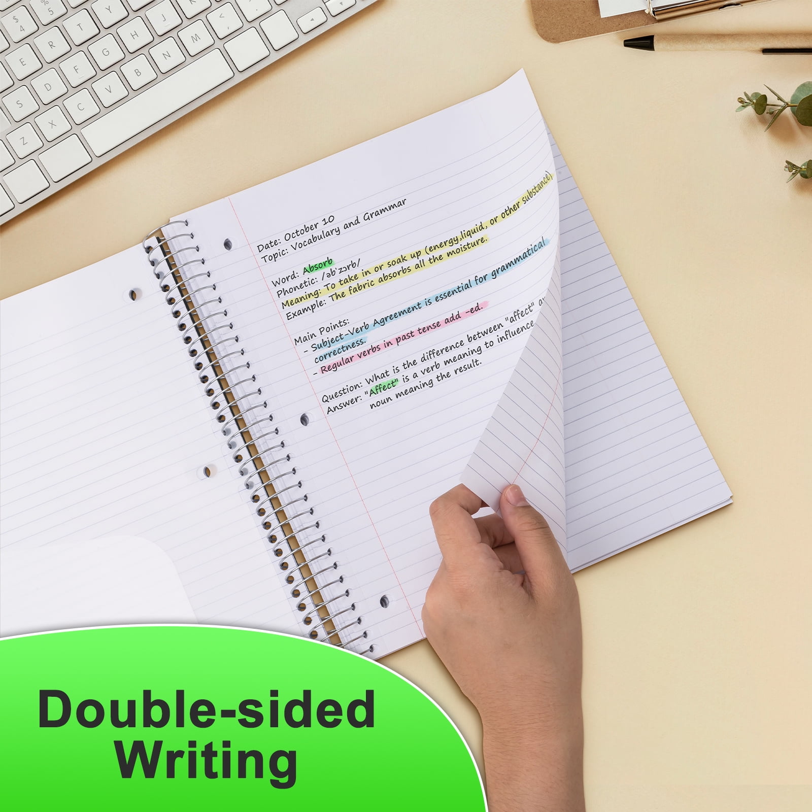 ViVin 5 Subject Notebook with Water Resistant Cover and 4 Removable Dividers, College Ruled, 200 Sheets,White, Green, Black 3 Pack