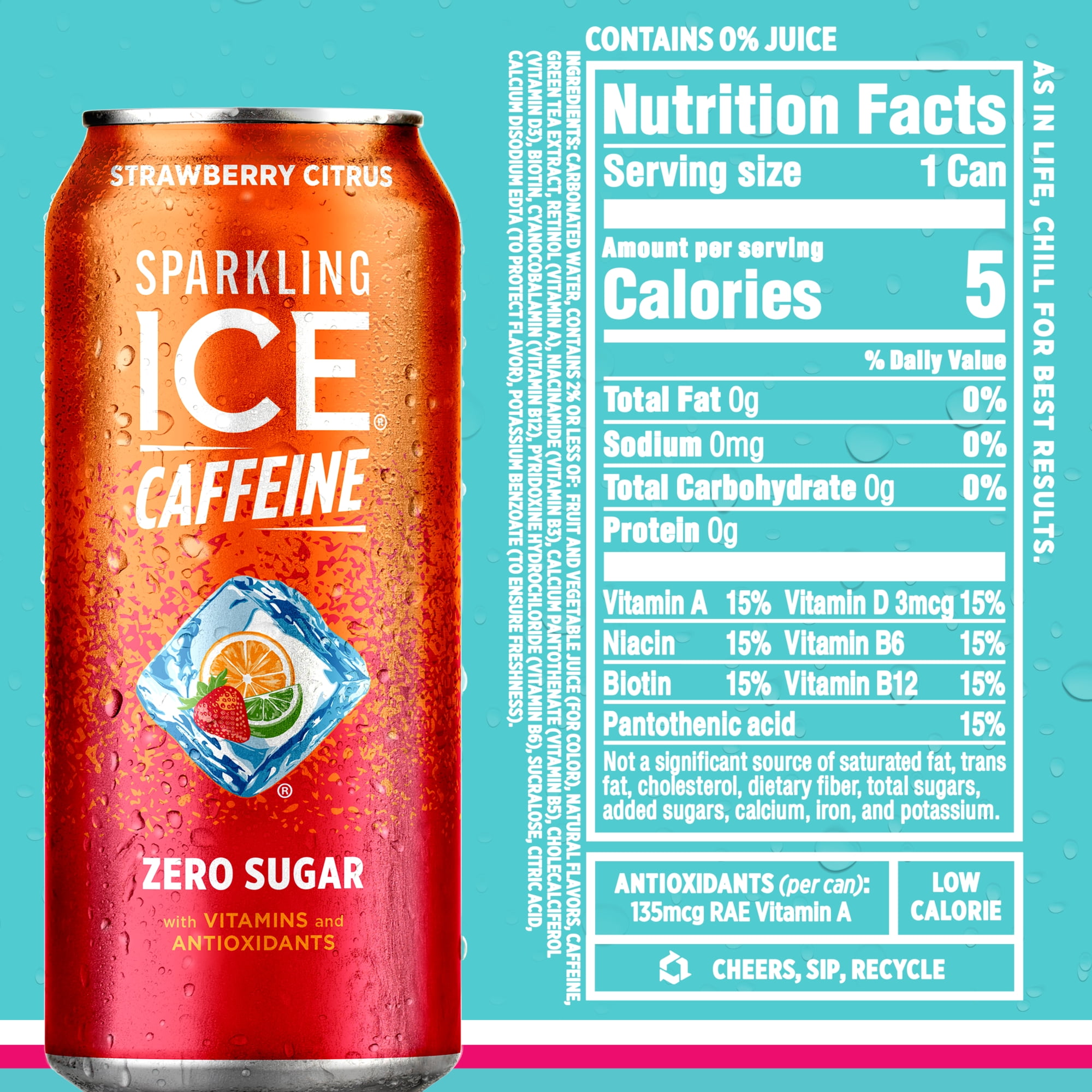 Sparkling Ice Caffeine, Variety 12 PK: Black Raspberry/Blue Raspberry/Strawberry Citrus/Citrus Twist, 16oz