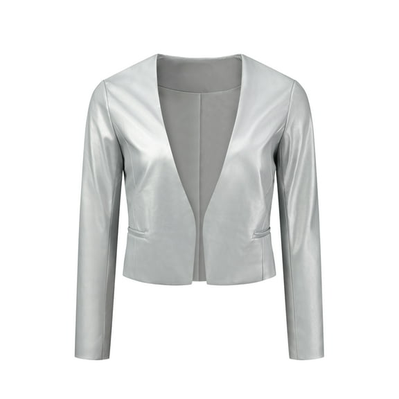 DARING DIVA Women's Crop Collarless PU Moto Biker Jackets S Silver