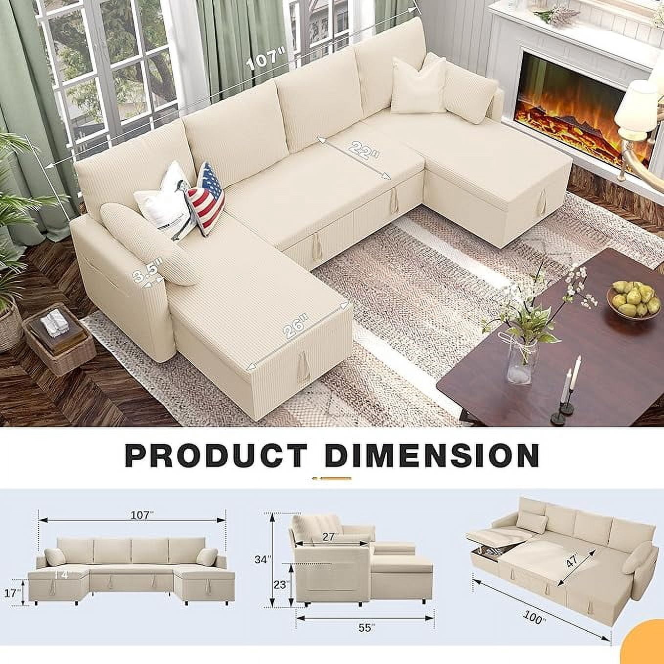 Betisef Sleeper Soft Bed,Pull Out Couch Bed with Storage Chaise,Iron Frame Soft Futon Sofa,Convertible Sleeper Couch for Living Room/Apartment/Office. (Corduroy U-Shape, Beige)