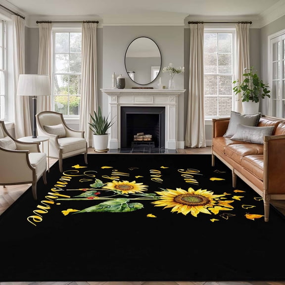 Rectangle Area Rugs 5 x 8 Ft, Sunflower Non-Slip Residential Carpet, Vintage Botanical Indoor Crawling Mats Runner Rugs for Living Room/Dining Room/Bedroom