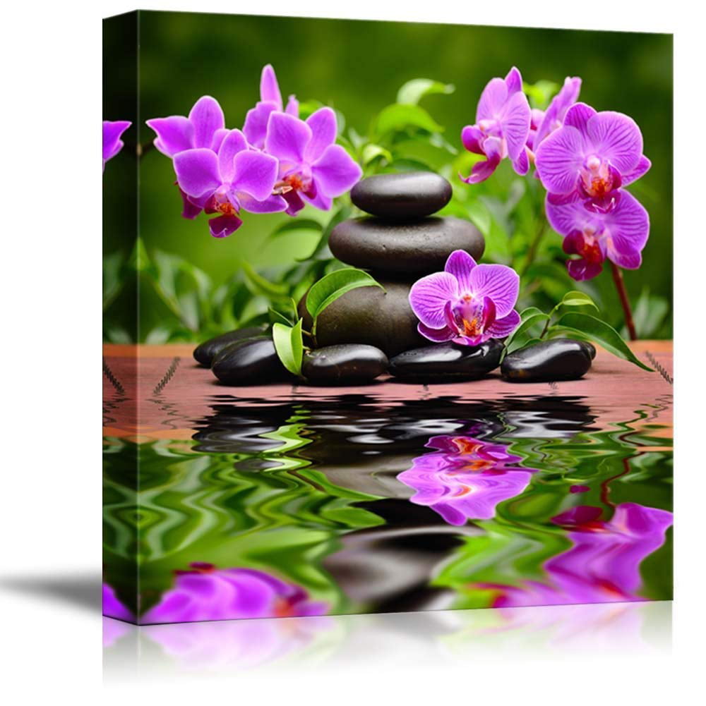 16"x12" x 2 Panels Purple Orchid with Bamboo and Black Stones Canvas Prints 