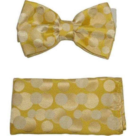 Men Bow Tie Hankie Set Formal Event Tuxedo, Business Suit #BT15 Gold Polka Dots