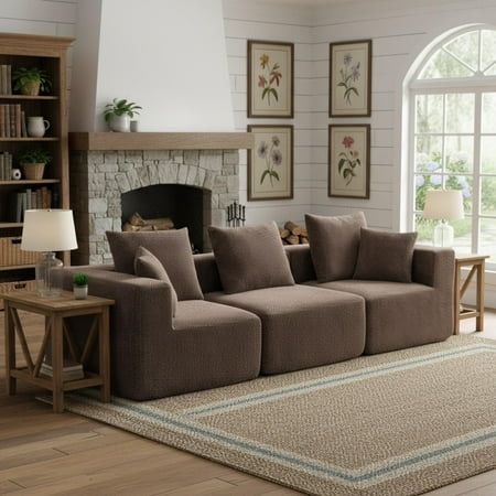 Modular Sectional Sofa, 111" Deep-Seat Comfy Sectional Couches for Living Room, 3-Seater Couches with 5 Pillows, Tool-Free Assembly (Brown)