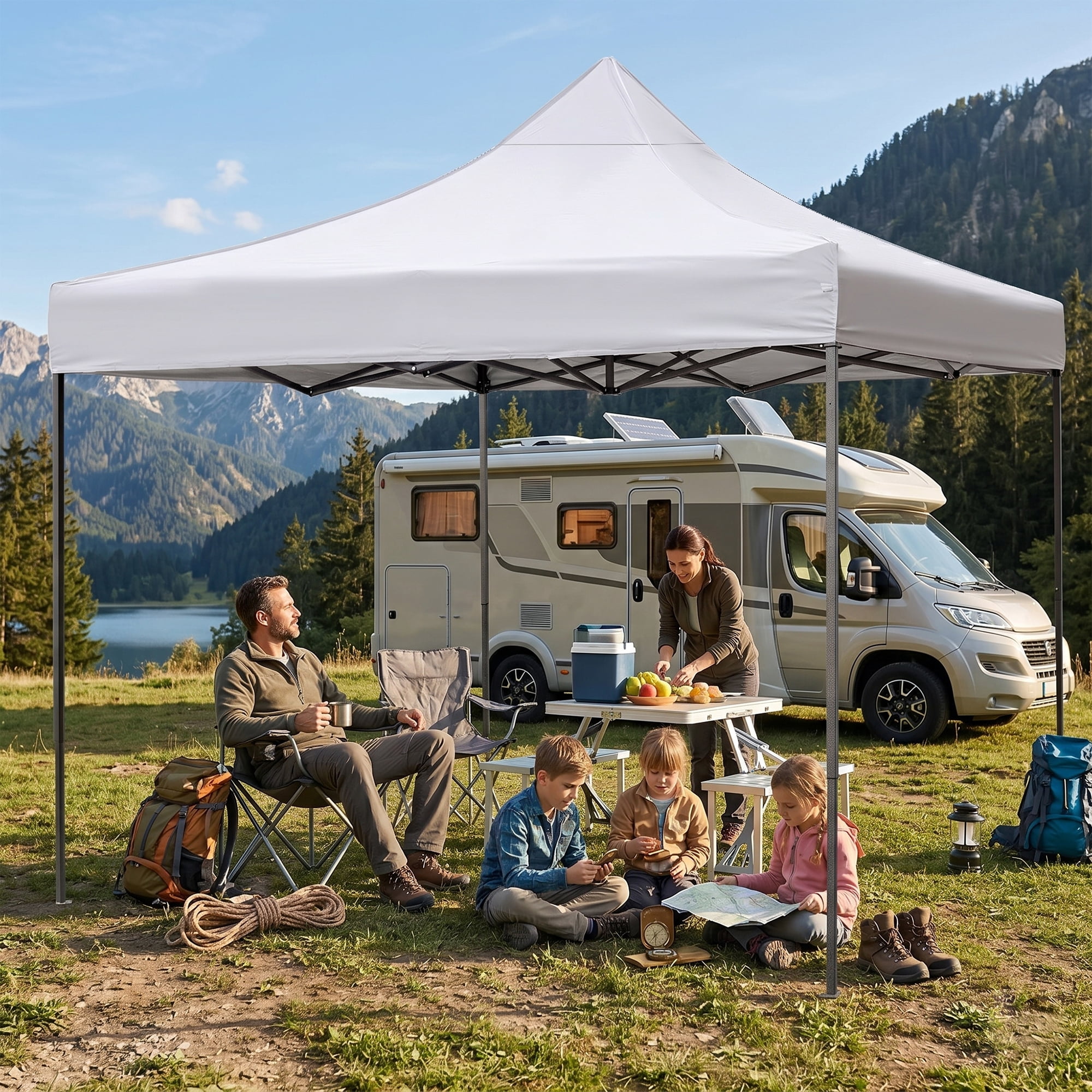 10'x10' Pop Up Canopy Tent, White Silver-Coated Top UPF50+ Water-Resistant, 4 Adjustable Heights (6.7-7.6ft), Includes Sandbags Stakes Ropes Carry Bag