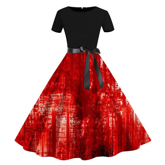 Edvintorg Halloween Dresses Women Cosplay Clearance Women's Halloween Casual Bowknot Princess Dress Short Sleeve Belted Irregular Printed Costume Festival Party Dress