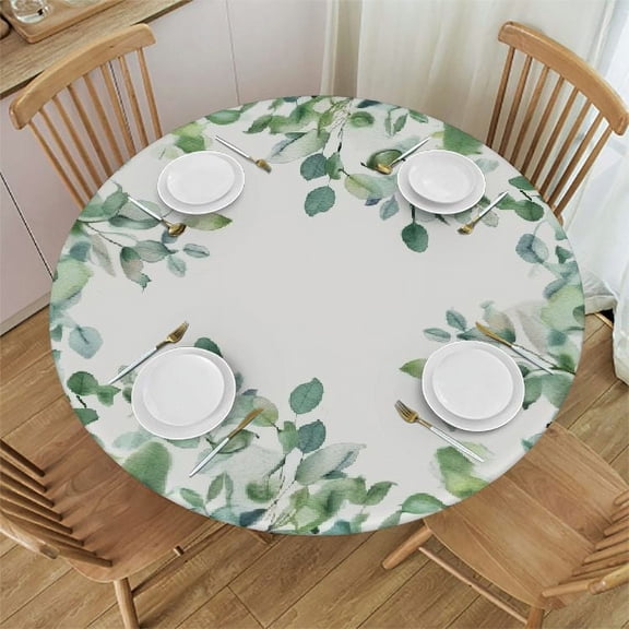 JRXY Spring Summer Tablecloth Round Rustic Watercolor Sage Green Eucalyptus Leaf Floral Print Decorative Table Cloth Farmhouse Tablecloths for Holiday Home Party Picnic Dinner Decor White