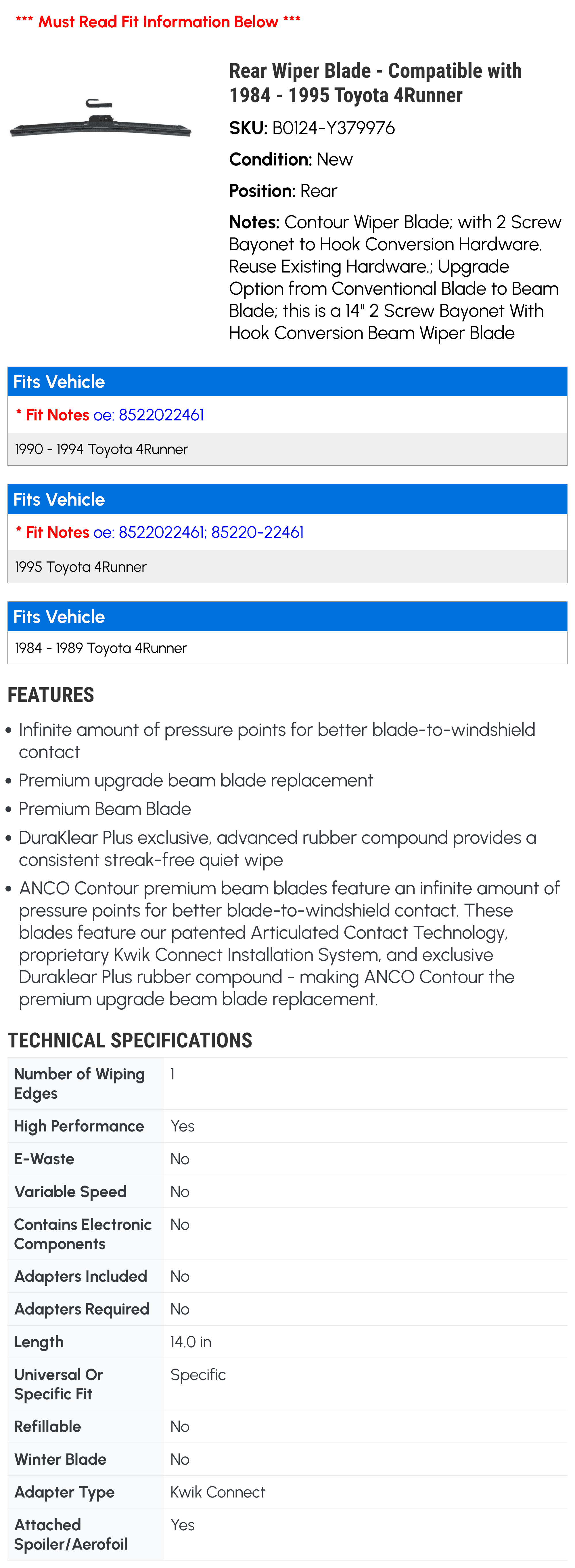 Rear Wiper Blade - Compatible with 1984 - 1995 Toyota 4Runner 1985 1986 1987 1988 1989 1990 1991 1992 1993 1994