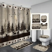 4PCS Cabin Shower Curtain Set, Country Western Texas Star Pine Tree Woodland Black Deer Elk Moose Wildlife Animal Hunting Rustic Farmhouse Bathroom Decor, Non-slip Bath Mat, Crescent Moon