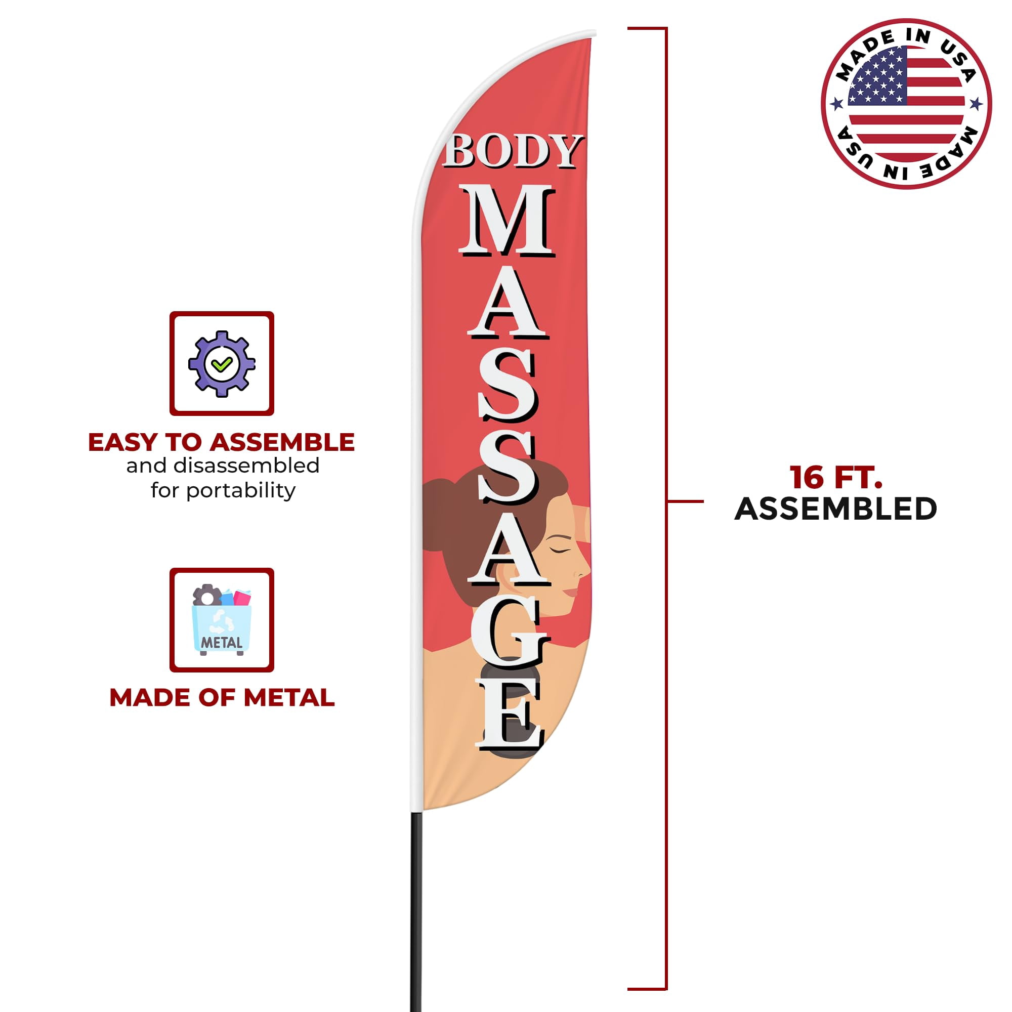 Body Massage Sign feather flag Pole Mount for Outdoor by Mavis Print | 15 FEET Long Polyester Outdoor Banner Flag with Pole Kit for Easy Hang | HD Print Swooper Flag Pole Mount for Salon Advertisi