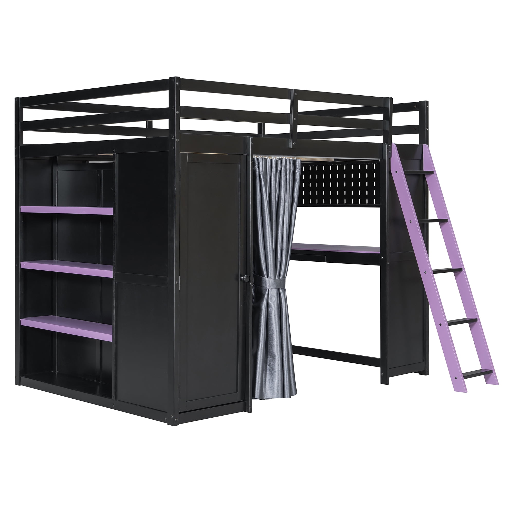 Mintazer Full Size Gaming Loft Bed with Workstation Desk & Wardrobe, Multifunctional Metal Loft Bed with Pegboard & Blackout Curtains, Black & Purple