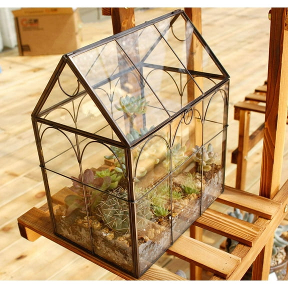 Glass Geometric Plant Terrarium, Black House for Home Garden Office Decoration
