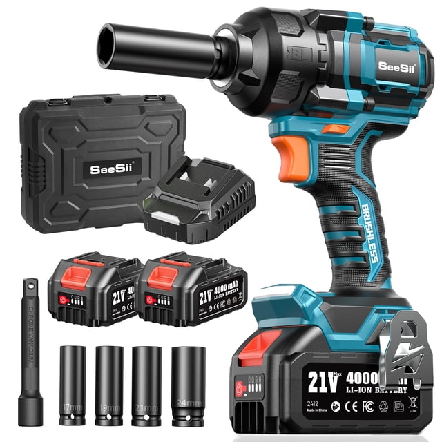 Llave de impacto inalámbrica Seesii de 900 pies por libra, 21 V, 2 x 4 Ah, con accesorios