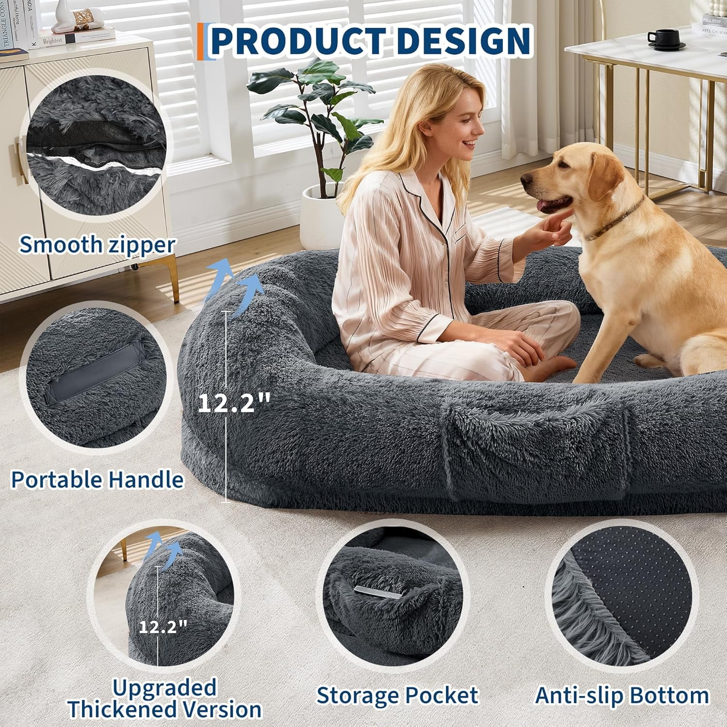 Historyli Human Dog Bed-65 Inch for Adult and Pets-No Assembly Required,Washable Fluffy Faux Fur,Napping Orthopedic Dog Bed with Side Pocket,Strap
