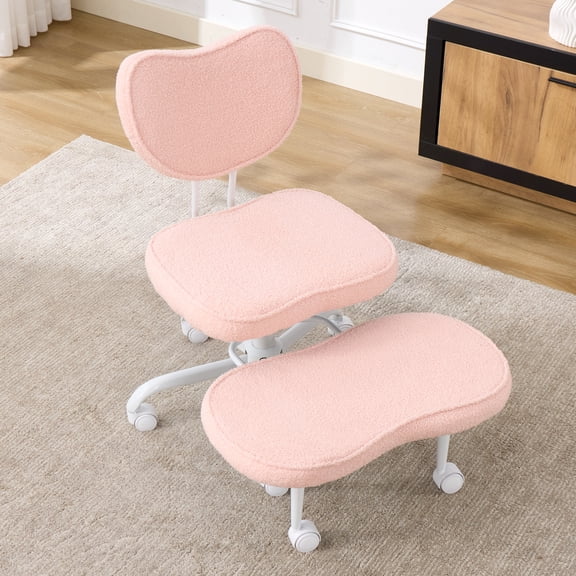 TudoFish Criss Cross Office Chair with Adjustable Footrest, 360° Swivel Cross Legged Desk Chair with Wheels, Teddy Fabric, 400 lb Capacity, Pink