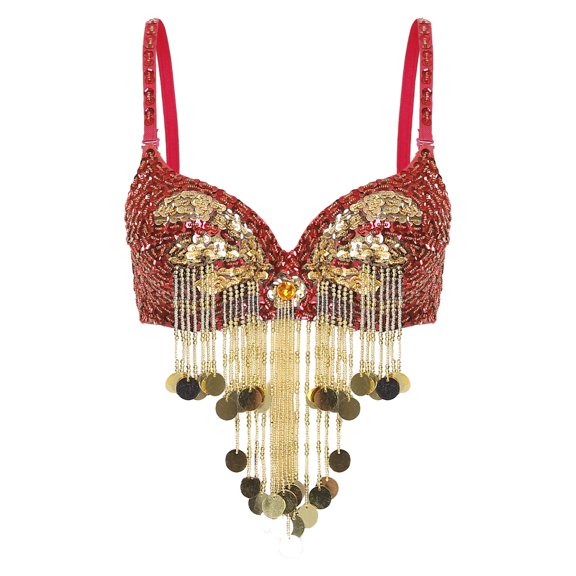 TSSOE Women Shiny Belly Dance Bra Tops Tassel Beaded Sequined Carnival Outfit Dancewear Red One Size