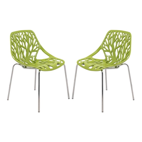 LeisureMod Modern Asbury Dining Side Chair With Chromed Legs in Green Set of 2