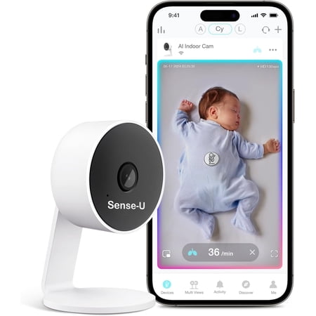 Sense-U AI Baby Camera Monitor with Sensor-Free Sleep Movement Detection, Smart Security Indoor Video Camera with Background Audio, Sound Detection, No Monthly Fee, for Peace of Mind