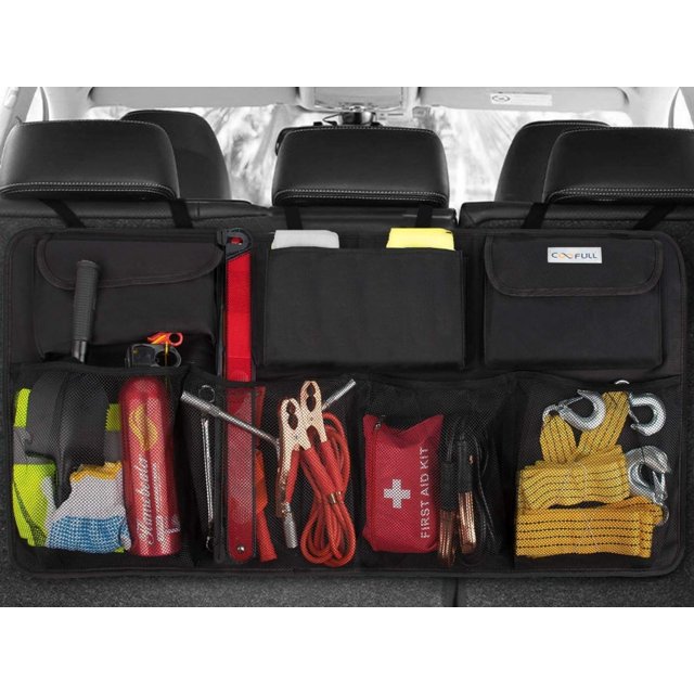 Organizador para cajuela de coche, bolsa colgante de gran capacidad para coche con 7 bolsillos ampliados, 2 barras largas mágicas, bolsa de almacenamiento organizada, color negro