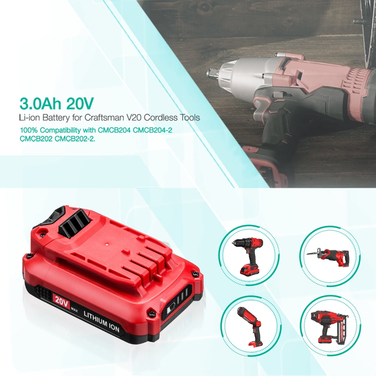 2 Pack 3.0Ah 20V MAX Li-Ion Battery for Craftsman V20 Cordless Power Tool CMCB202