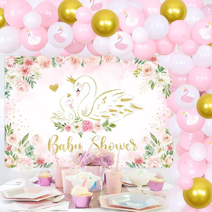 Swan Baby Shower Decorations Pink and Gold Swan Backdrop Balloon Garland Arch Kit Pink Swan Floral Decorations White Swan Baby Shower Decor for Baby Girls Baby Shower Party Supplies