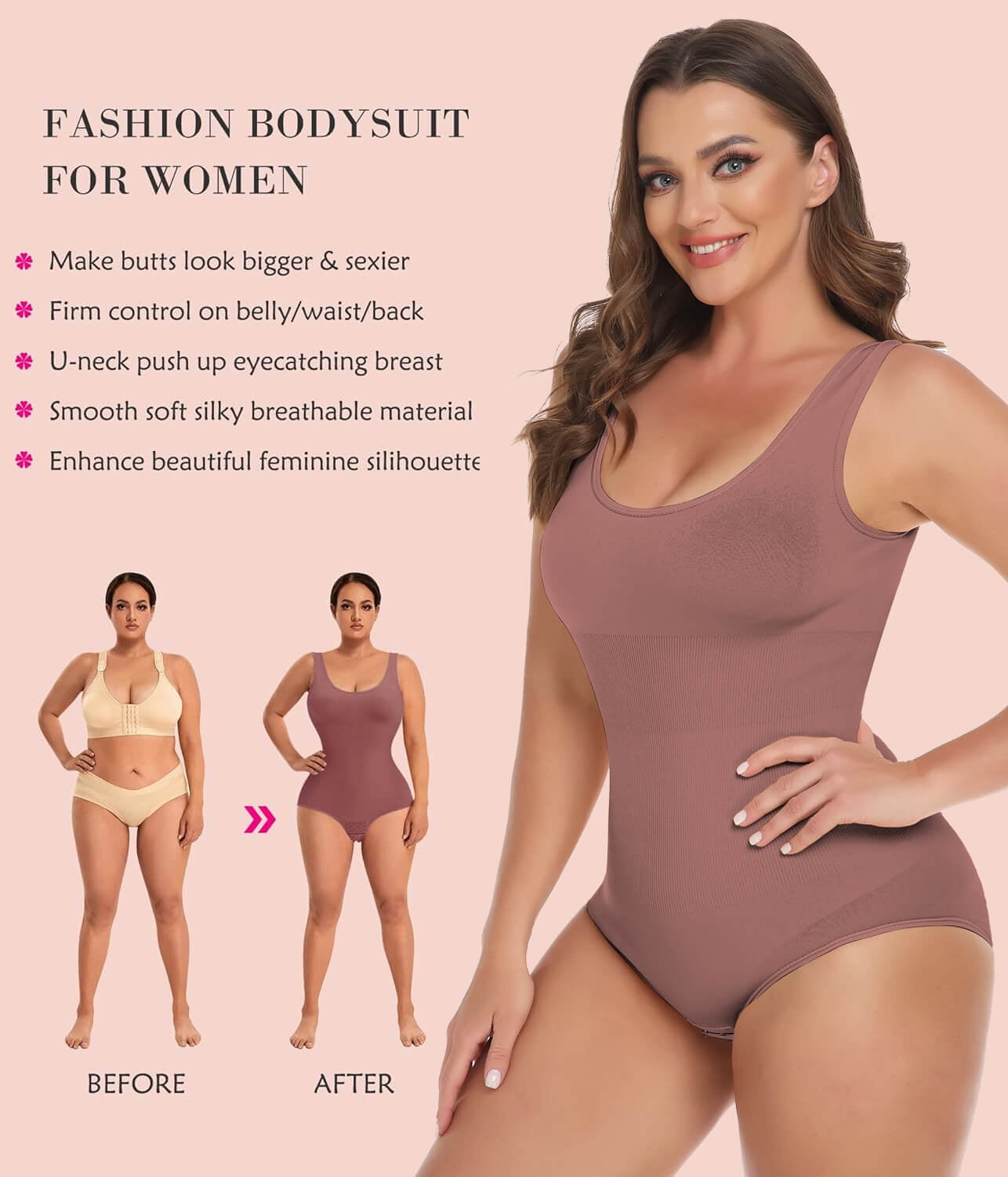 MANIFIQUE Sleeveless Tummy Control With Built in Bra Shapewear Bodysuit for Women  V Neck Fashion Top 
