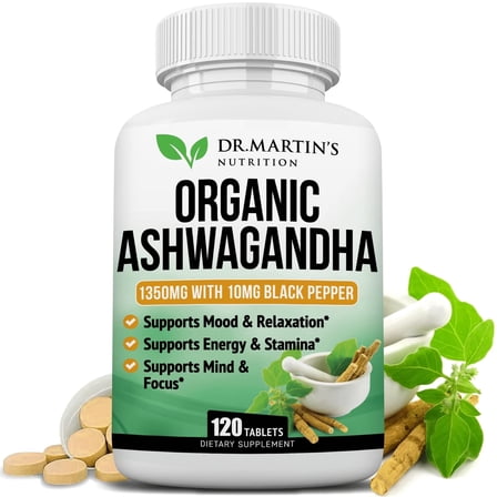 Organic Ashwagandha 1350mg – 180 Vegan Tablets with Black Pepper – Stress Relief, Adrenal & Thyroid Support, Mood, Energy, Muscle Strength – For Men & Women