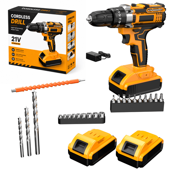 Electric Drill Tool Box Set Cordless Drill Set Rechargeable, Equipped with 2 Batteries, Cordless Drill Driver with Hand Tools, Screwdriver, Bit Set, And Tool Box for Home Repair, Gift for Men