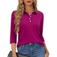 thumbnail image 2 of Qwertyu Women's Polo Shirts 3/4 Sleeve Cotton Collared T Shirt Golf Shirt Business Casual Tee Uniform Tops 3-Button Purple XL, 2 of 5