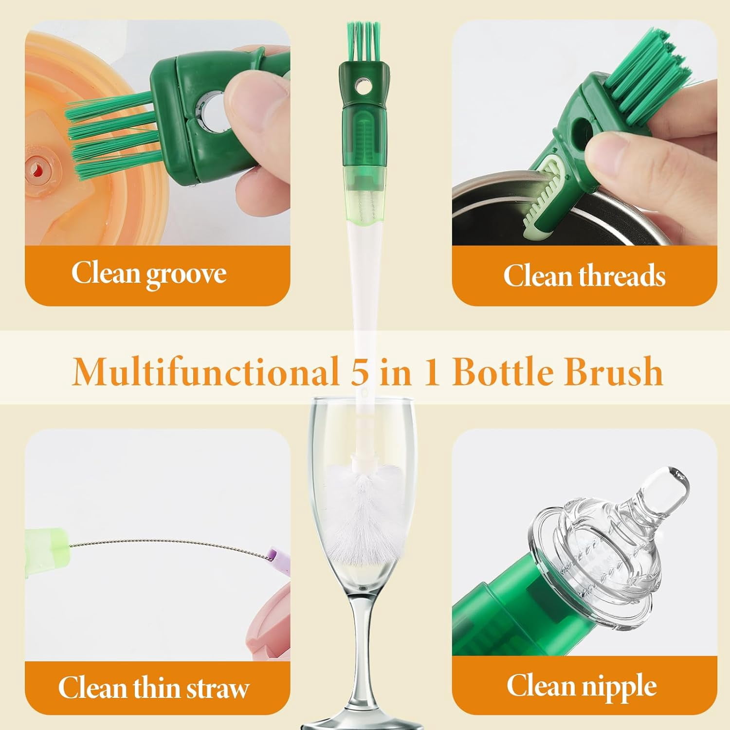 5 in 1 Water Bottle Brushes for Cleaning, Easily Cleans The Cup Mouth, Lid, Bottom, and Straw.Multifunctional Insulation Bottle Cleaning Tools, Home Kitchen Cleaning Tools
