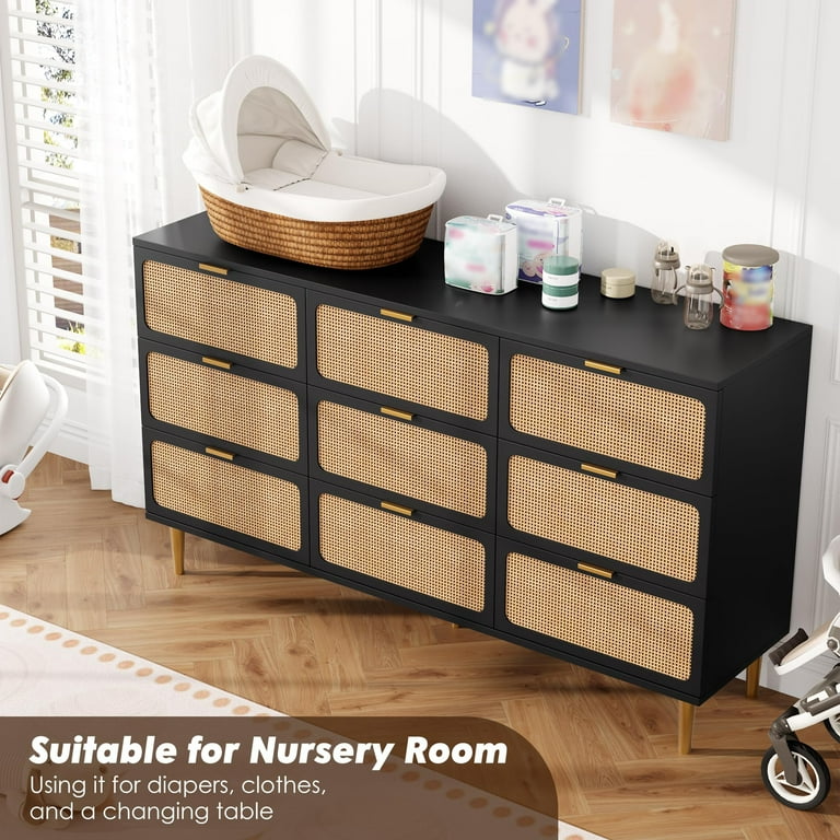 Rattan 9 Drawer Dresser for Bedroom, 59"W Wooden Chest of Drawers with  Metal Handles, Dresser TV Stand, Clothes Storage Organizer for Bedroom,  Black