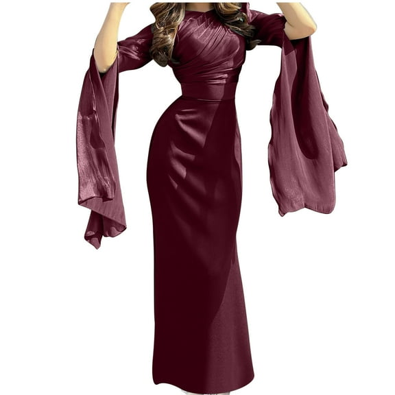 Mnyycxen Women’s Satin Dress Slit Long Sleeves Solid Color Bodycon Dress Pleated Belt Tie Wedding Party Maxi Dress