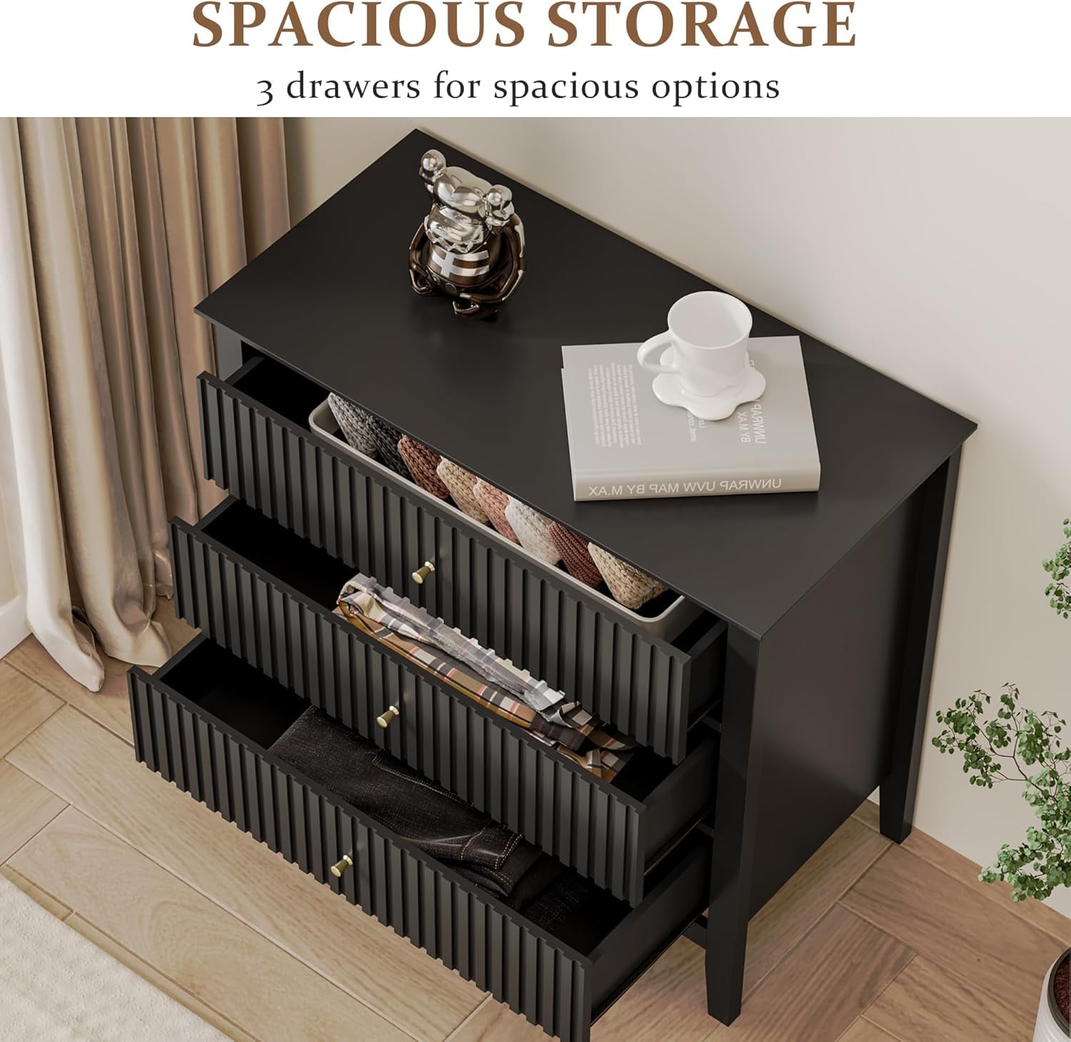 RoyalCraft Black 3 Drawer Dresser Chest with Storage, Modern Nightstand for Bedroom, Living Room, Entryway